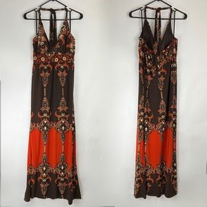SNAP halter maxi dress v-neck beads orange and brown L